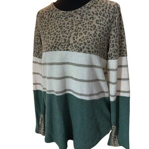 7th Ray Leopard, Green and Khaki Striped Sweater Size Small